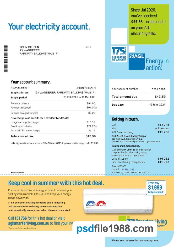 Australia AGL Electricity Utility Bill